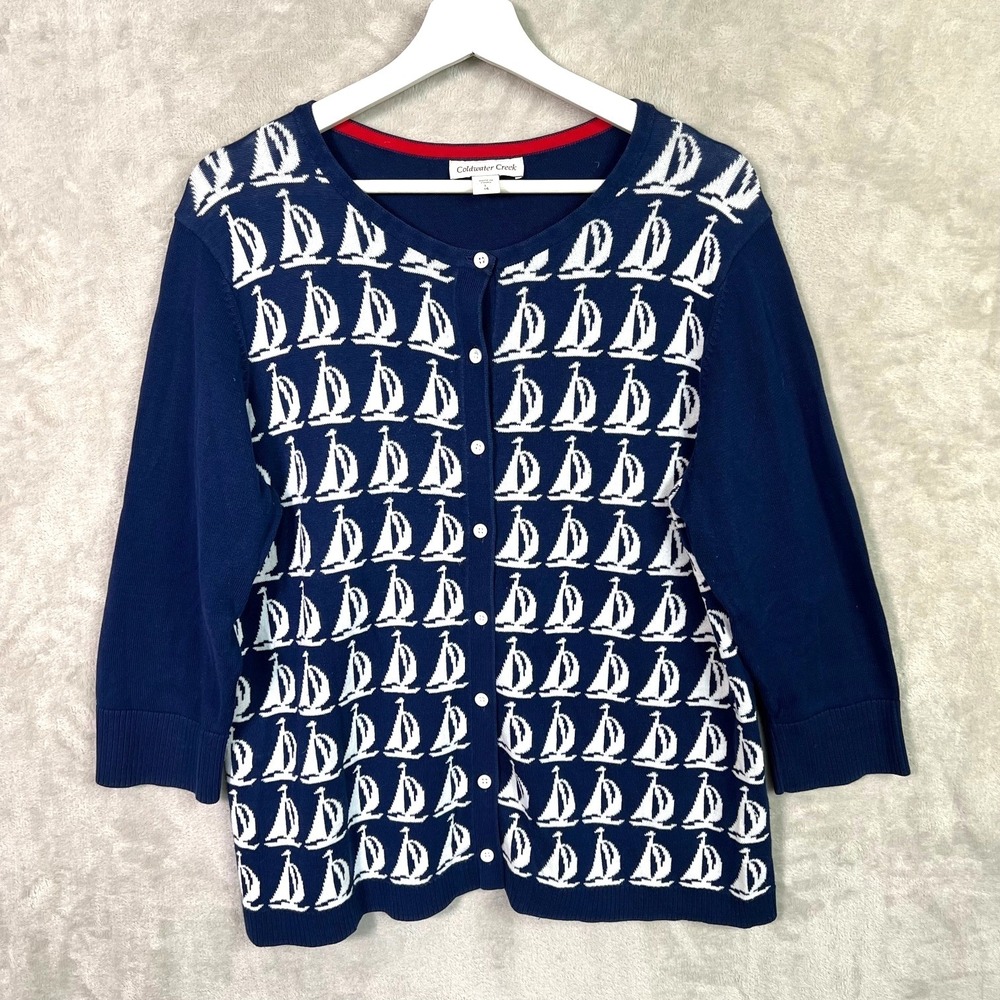 Coldwater Creek Cardigan Sailboat Nautical Blue White Knit Sweater Cottton Large